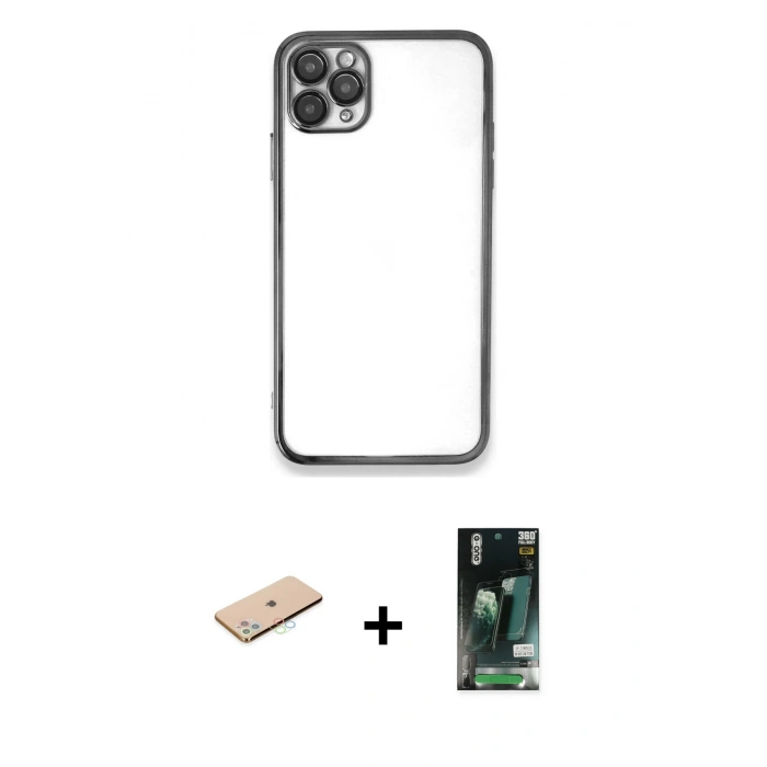 MARSİLYAN™- iPhone 11 Pro Kılıf Vadi Minimal - Siyah 360 Mat Full Body Arka Koruyucu + Renkli Kamera Lens Koruma Cam - MI