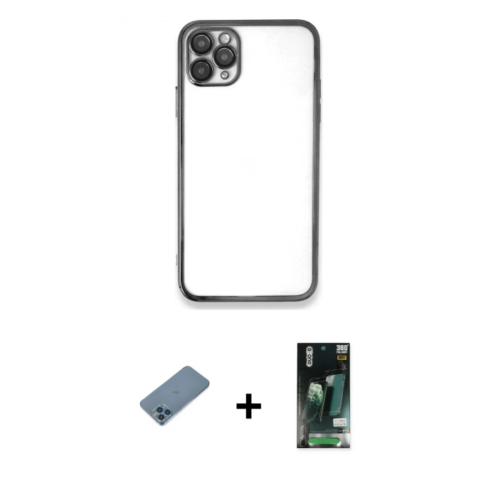 MARSİLYAN™- iPhone 11 Pro Kılıf Vadi Minimal - Siyah 360 Mat Full Body Arka Koruyucu + Shine Kamera Lens Koruma Cam - MI