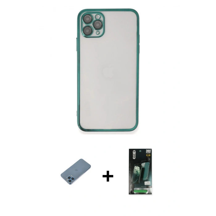 MARSİLYAN™- iPhone 11 Pro Kılıf Vadi Minimal - Siyah 360 Mat Full Body Arka Koruyucu + Shine Kamera Lens Koruma Cam - MI