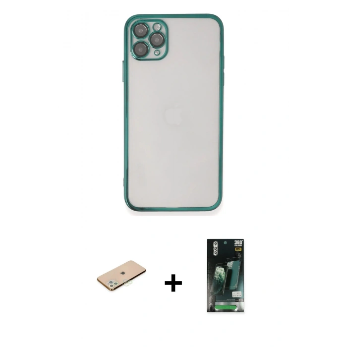 MARSİLYAN™- iPhone 11 Pro Kılıf Vadi Minimal - Siyah 360 Mat Full Body Arka Koruyucu + Renkli Kamera Lens Koruma Cam - YL