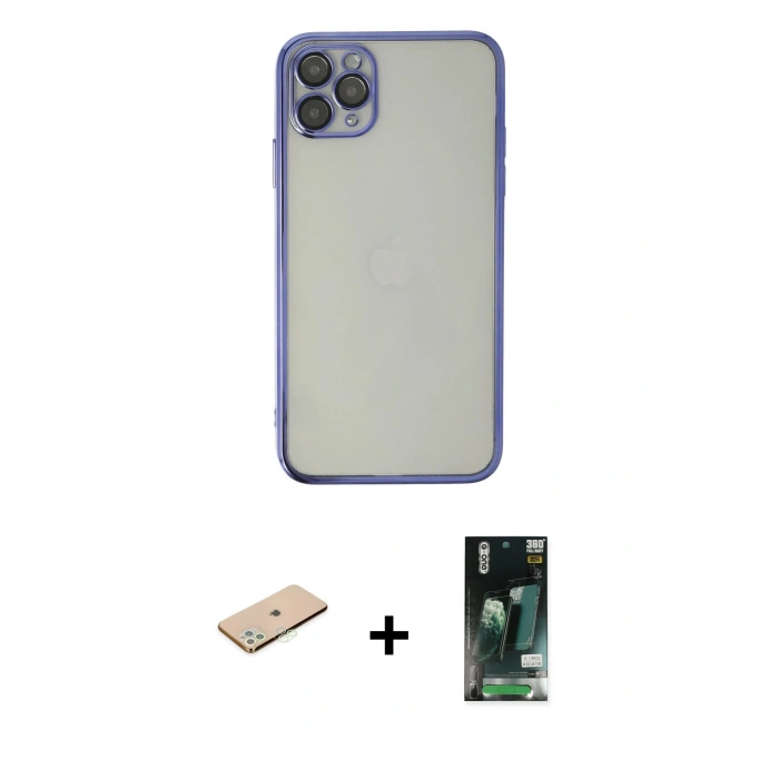 MARSİLYAN™- iPhone 11 Pro Kılıf Vadi Minimal - Siyah 360 Mat Full Body Arka Koruyucu + Renkli Kamera Lens Koruma Cam - YL