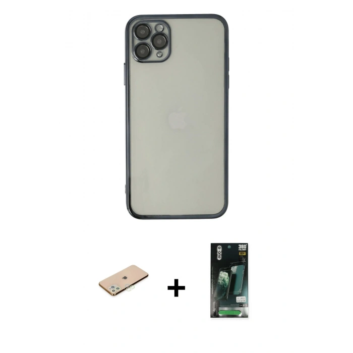 MARSİLYAN™- iPhone 11 Pro Kılıf Vadi Minimal - Siyah 360 Mat Full Body Arka Koruyucu + Renkli Kamera Lens Koruma Cam - YL