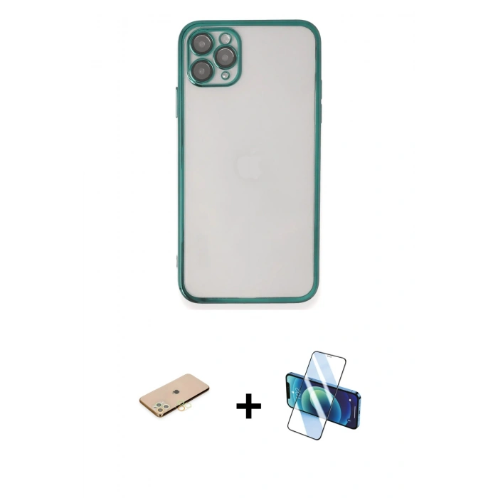 MARSİLYAN™- iPhone 11 Pro Kılıf Vadi Minimal - Siyah 3D Antistatik Cam Ekran Koruyucu + Renkli Kamera Lens Koruma Cam - PE