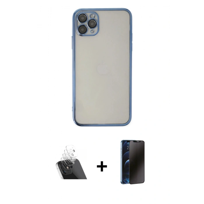 MARSİLYAN™- iPhone 11 Pro Kılıf Vadi Minimal - Siyah 3D Antistatik Hayalet Cam Ekran Koruyucu + Kamera Lens Koruma Cam - SF