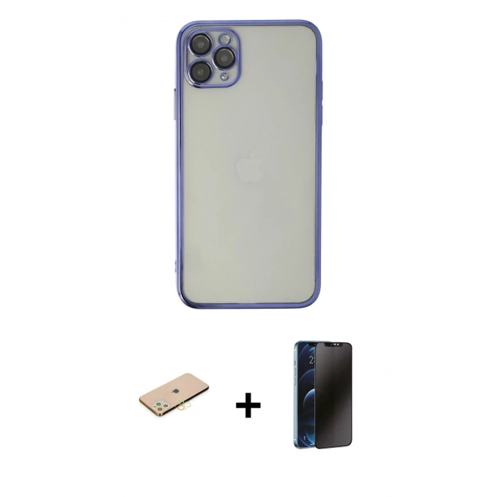 MARSİLYAN™- iPhone 11 Pro Kılıf Vadi Minimal - Siyah 3D Antistatik Hayalet Cam Ekran Koruyucu + Renkli Kamera Lens Koruma Cam - PE