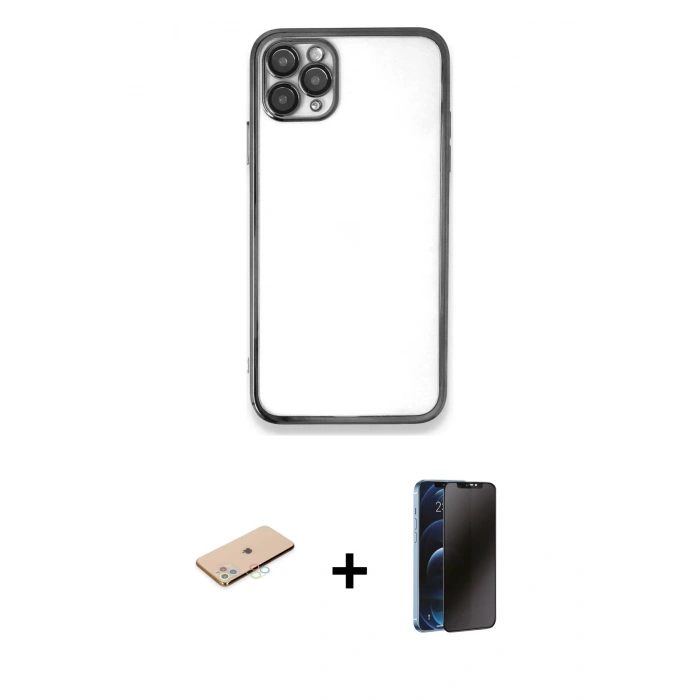MARSİLYAN™- iPhone 11 Pro Kılıf Vadi Minimal - Siyah 3D Antistatik Hayalet Cam Ekran Koruyucu + Renkli Kamera Lens Koruma Cam - MI