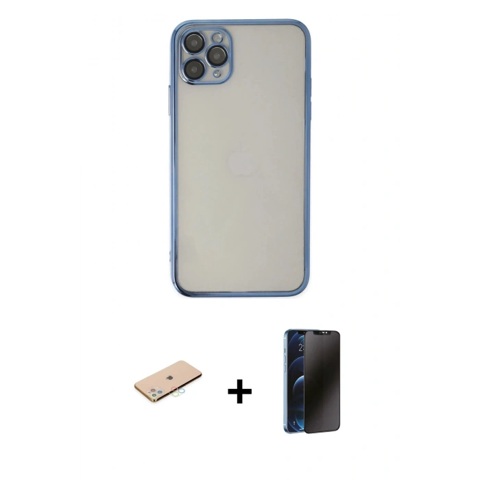 MARSİLYAN™- iPhone 11 Pro Kılıf Vadi Minimal - Siyah 3D Antistatik Hayalet Cam Ekran Koruyucu + Renkli Kamera Lens Koruma Cam - MI