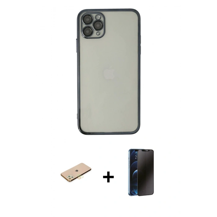 MARSİLYAN™- iPhone 11 Pro Kılıf Vadi Minimal - Siyah 3D Antistatik Hayalet Cam Ekran Koruyucu + Renkli Kamera Lens Koruma Cam - SI