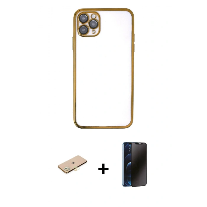 MARSİLYAN™- iPhone 11 Pro Kılıf Vadi Minimal - Siyah 3D Antistatik Hayalet Cam Ekran Koruyucu + Renkli Kamera Lens Koruma Cam - SI