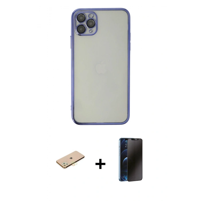 MARSİLYAN™- iPhone 11 Pro Kılıf Vadi Minimal - Siyah 3D Antistatik Hayalet Cam Ekran Koruyucu + Renkli Kamera Lens Koruma Cam - SI