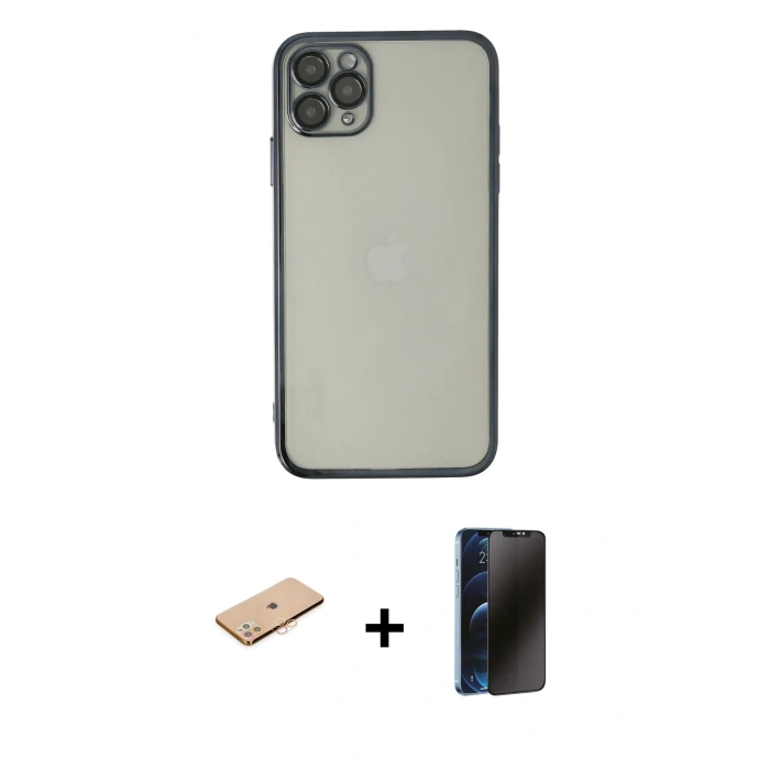 MARSİLYAN™- iPhone 11 Pro Kılıf Vadi Minimal - Siyah 3D Antistatik Hayalet Cam Ekran Koruyucu + Renkli Kamera Lens Koruma Cam - TU