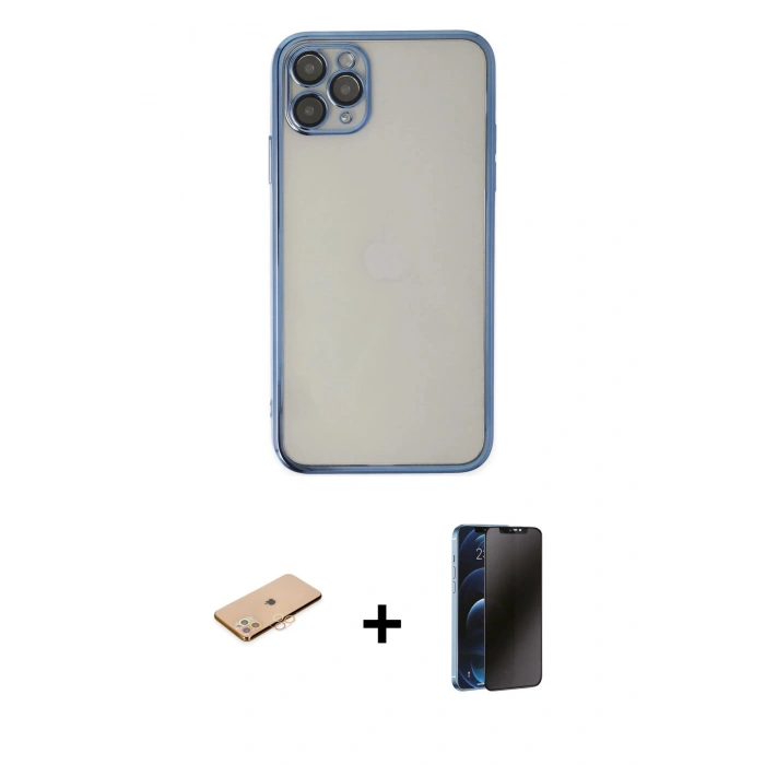 MARSİLYAN™- iPhone 11 Pro Kılıf Vadi Minimal - Siyah 3D Antistatik Hayalet Cam Ekran Koruyucu + Renkli Kamera Lens Koruma Cam - TU