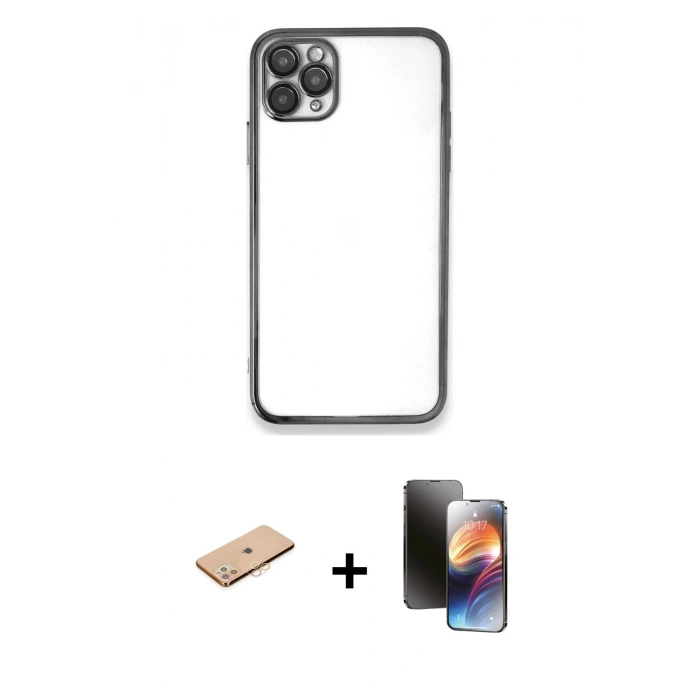 MARSİLYAN™- iPhone 11 Pro Kılıf Vadi Minimal - Siyah 3D Antistatik Mat Seramik Nano Ekran Koruyucu + Renkli Kamera Lens Koruma Cam - TU
