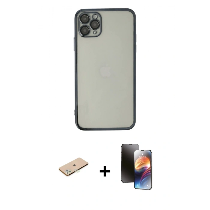 MARSİLYAN™- iPhone 11 Pro Kılıf Vadi Minimal - Siyah 3D Antistatik Mat Seramik Nano Ekran Koruyucu + Renkli Kamera Lens Koruma Cam - YL
