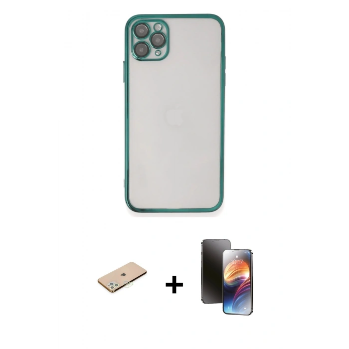 MARSİLYAN™- iPhone 11 Pro Kılıf Vadi Minimal - Siyah 3D Antistatik Mat Seramik Nano Ekran Koruyucu + Renkli Kamera Lens Koruma Cam - YL
