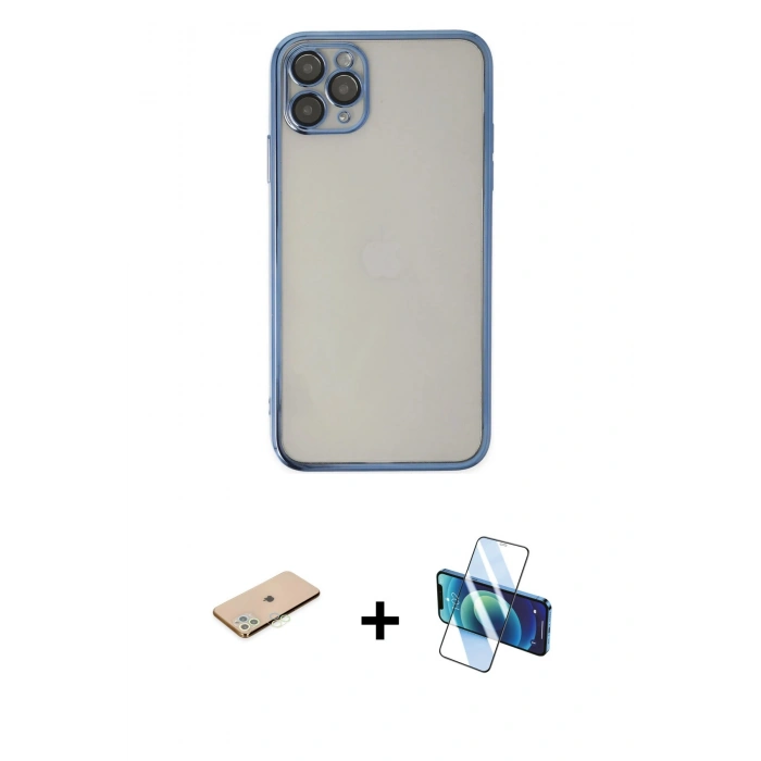 MARSİLYAN™- iPhone 11 Pro Kılıf Vadi Minimal - Siyah 3D Antistatik Seramik Nano Ekran Koruyucu + Renkli Kamera Lens Koruma Cam - YL
