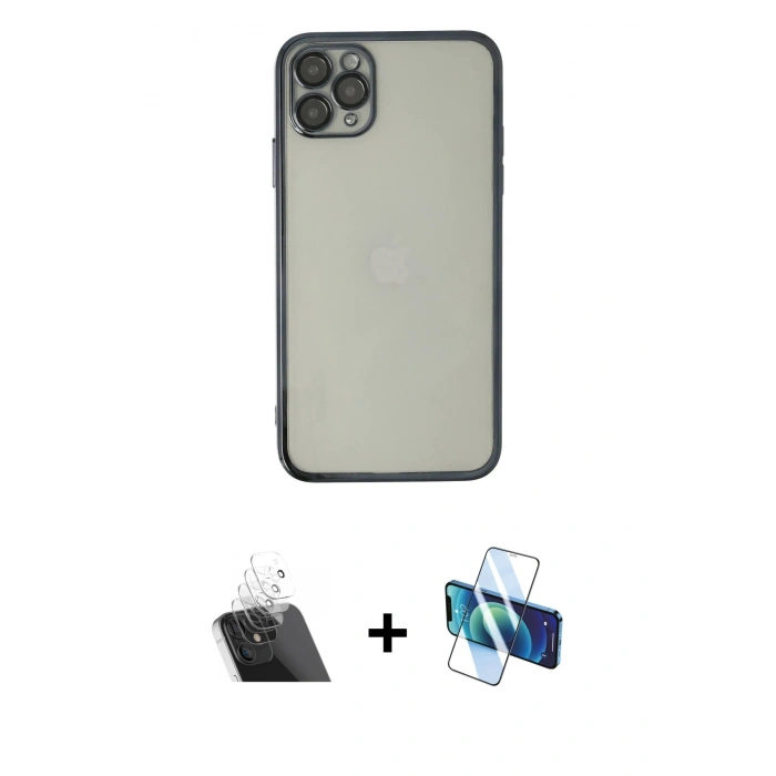 MARSİLYAN™- iPhone 11 Pro Kılıf Vadi Minimal - Siyah 3D Antistatik Seramik Nano Ekran Koruyucu + Şeffaf Kamera Lens Koruma Cam