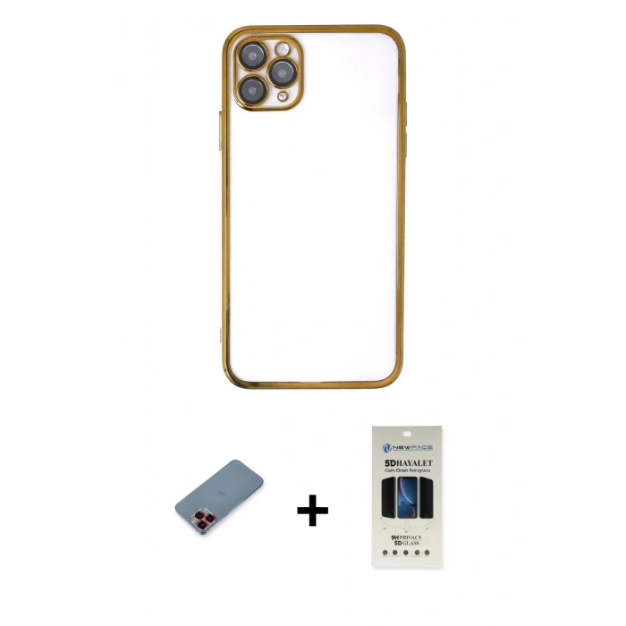 MARSİLYAN™- iPhone 11 Pro Kılıf Vadi Minimal - Siyah 5D Hayalet Cam Ekran Koruyucu + Metal Kamera Lens Koruma Cam - KI