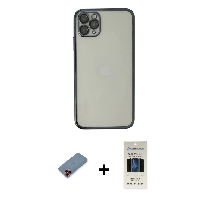 MARSİLYAN™- iPhone 11 Pro Kılıf Vadi Minimal - Siyah 5D Hayalet Cam Ekran Koruyucu + Metal Kamera Lens Koruma Cam - KI