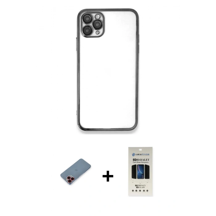 MARSİLYAN™- iPhone 11 Pro Kılıf Vadi Minimal - Siyah 5D Hayalet Cam Ekran Koruyucu + Metal Kamera Lens Koruma Cam - KI