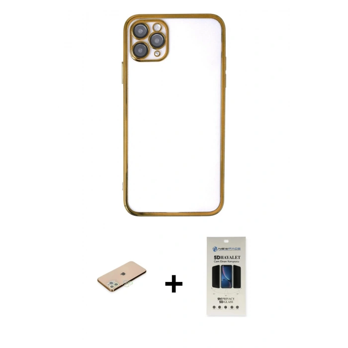 MARSİLYAN™- iPhone 11 Pro Kılıf Vadi Minimal - Siyah 5D Hayalet Cam Ekran Koruyucu + Renkli Kamera Lens Koruma Cam - YL