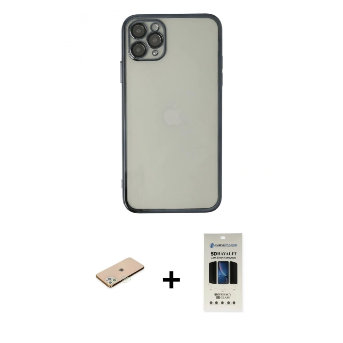 MARSİLYAN™- iPhone 11 Pro Kılıf Vadi Minimal - Siyah 5D Hayalet Cam Ekran Koruyucu + Renkli Kamera Lens Koruma Cam - YL