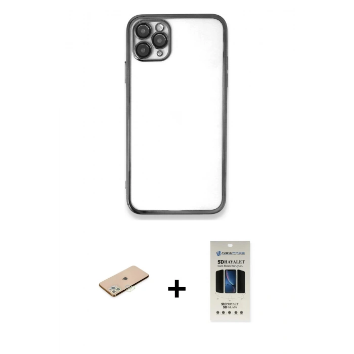 MARSİLYAN™- iPhone 11 Pro Kılıf Vadi Minimal - Siyah 5D Hayalet Cam Ekran Koruyucu + Renkli Kamera Lens Koruma Cam - YL