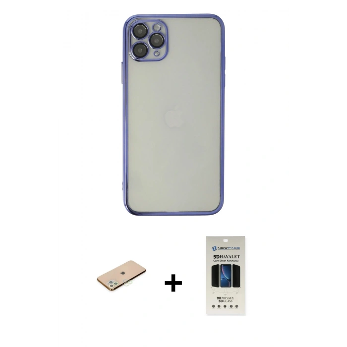 MARSİLYAN™- iPhone 11 Pro Kılıf Vadi Minimal - Siyah 5D Hayalet Cam Ekran Koruyucu + Renkli Kamera Lens Koruma Cam - YL