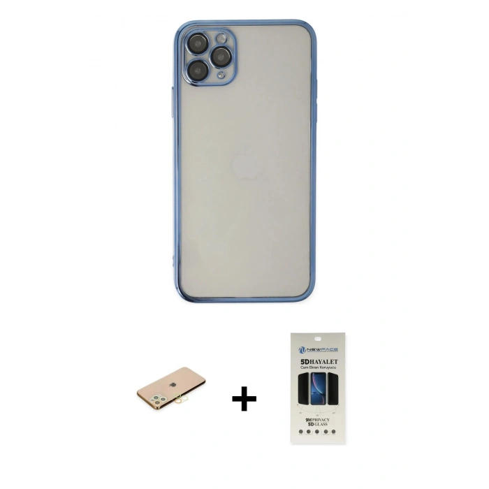 MARSİLYAN™- iPhone 11 Pro Kılıf Vadi Minimal - Siyah 5D Hayalet Cam Ekran Koruyucu + Renkli Kamera Lens Koruma Cam - SI