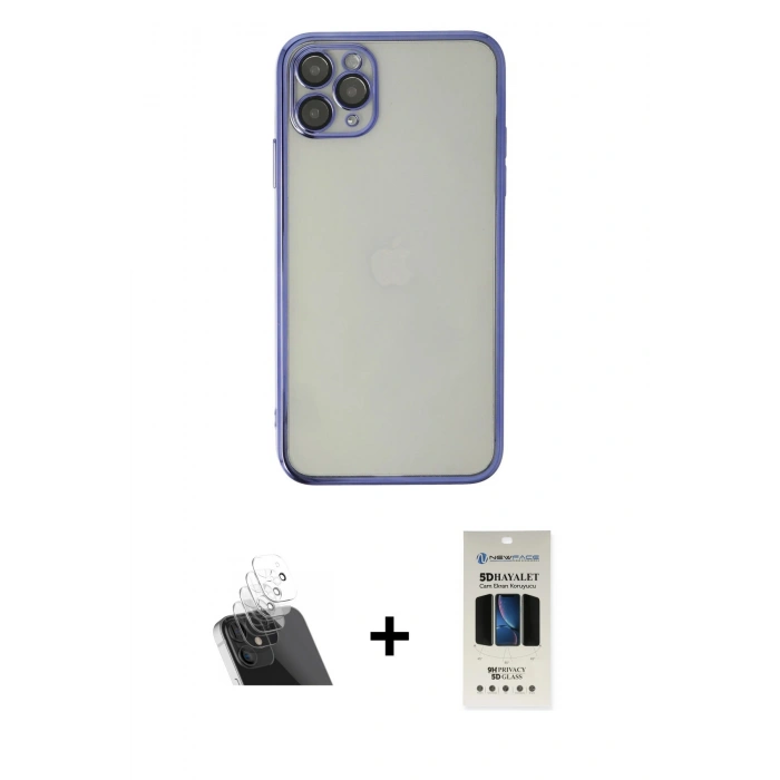 MARSİLYAN™- iPhone 11 Pro Kılıf Vadi Minimal - Siyah 5D Hayalet Cam Ekran Koruyucu + Şeffaf Kamera Lens Koruma Cam