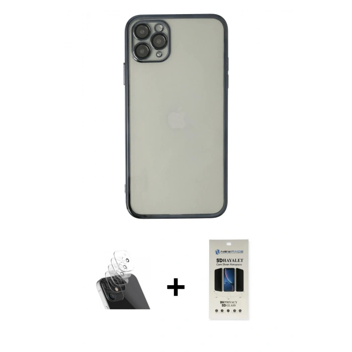 MARSİLYAN™- iPhone 11 Pro Kılıf Vadi Minimal - Siyah 5D Hayalet Cam Ekran Koruyucu + Şeffaf Kamera Lens Koruma Cam