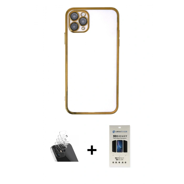 MARSİLYAN™- iPhone 11 Pro Kılıf Vadi Minimal - Siyah 5D Hayalet Cam Ekran Koruyucu + Şeffaf Kamera Lens Koruma Cam