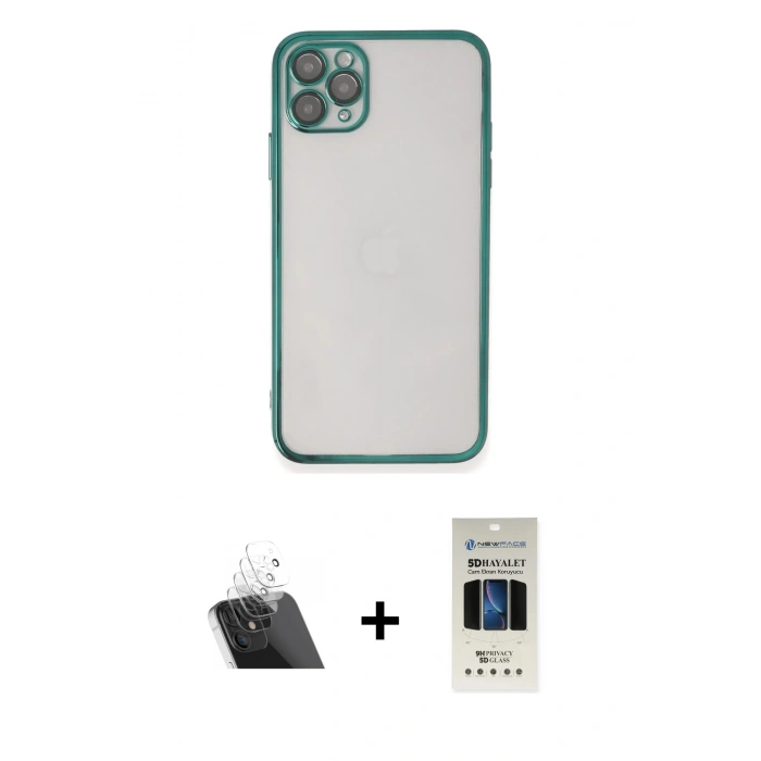 MARSİLYAN™- iPhone 11 Pro Kılıf Vadi Minimal - Siyah 5D Hayalet Cam Ekran Koruyucu + Şeffaf Kamera Lens Koruma Cam