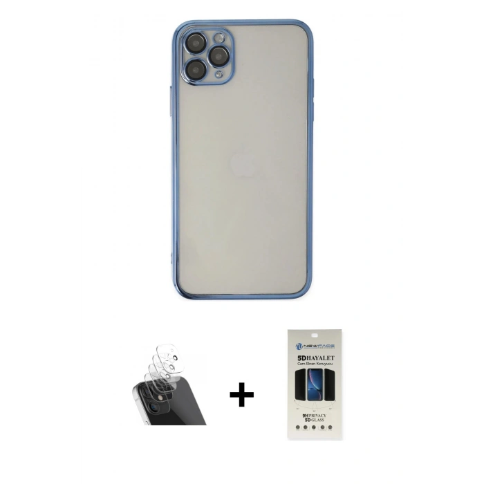 MARSİLYAN™- iPhone 11 Pro Kılıf Vadi Minimal - Siyah 5D Hayalet Cam Ekran Koruyucu + Şeffaf Kamera Lens Koruma Cam