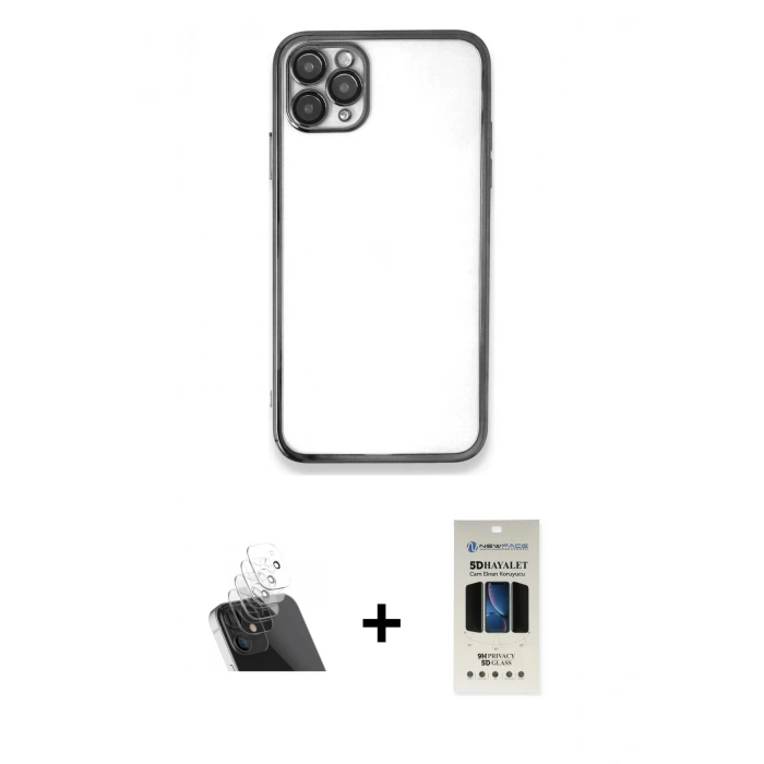MARSİLYAN™- iPhone 11 Pro Kılıf Vadi Minimal - Siyah 5D Hayalet Cam Ekran Koruyucu + Şeffaf Kamera Lens Koruma Cam