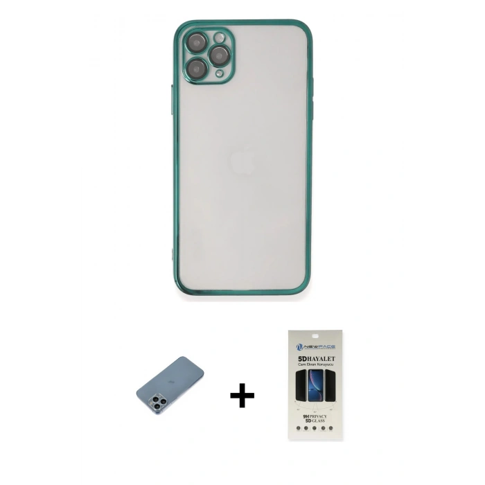 MARSİLYAN™- iPhone 11 Pro Kılıf Vadi Minimal - Siyah 5D Hayalet Cam Ekran Koruyucu + Shine Kamera Lens Koruma Cam - SABE
