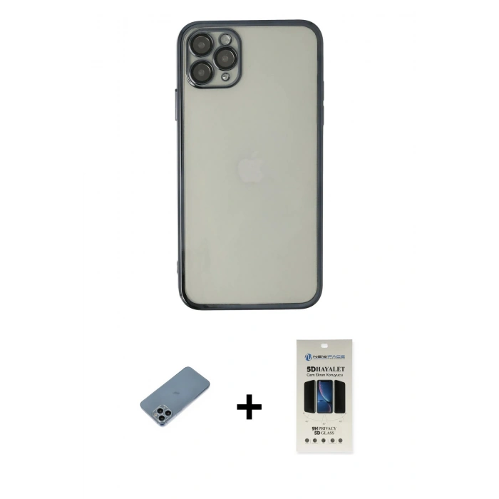 MARSİLYAN™- iPhone 11 Pro Kılıf Vadi Minimal - Siyah 5D Hayalet Cam Ekran Koruyucu + Shine Kamera Lens Koruma Cam - SABE