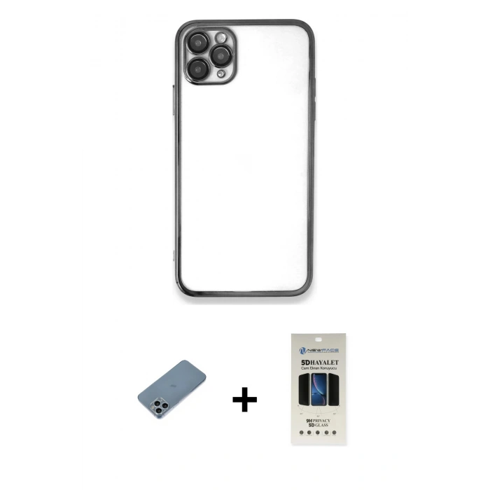MARSİLYAN™- iPhone 11 Pro Kılıf Vadi Minimal - Siyah 5D Hayalet Cam Ekran Koruyucu + Shine Kamera Lens Koruma Cam - SABE