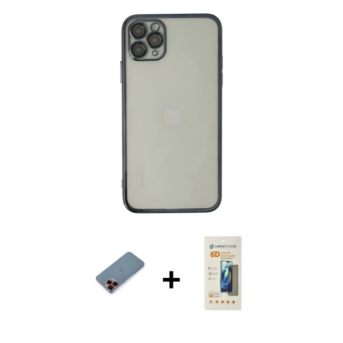MARSİLYAN™- iPhone 11 Pro Kılıf Vadi Minimal - Siyah 6D Mat Seramik Hayalet Nano Ekran Koruyucu + Metal Kamera Lens Koruma Cam - KI