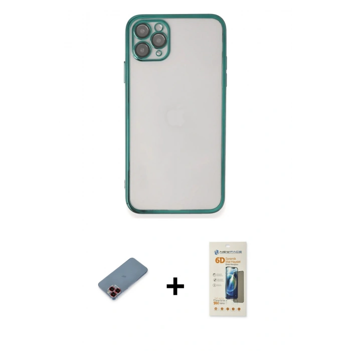 MARSİLYAN™- iPhone 11 Pro Kılıf Vadi Minimal - Siyah 6D Mat Seramik Hayalet Nano Ekran Koruyucu + Metal Kamera Lens Koruma Cam - KI