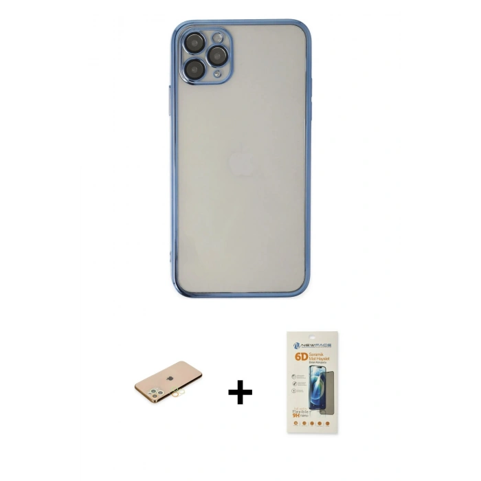 MARSİLYAN™- iPhone 11 Pro Kılıf Vadi Minimal - Siyah 6D Mat Seramik Hayalet Nano Ekran Koruyucu + Renkli Kamera Lens Koruma Cam - PE