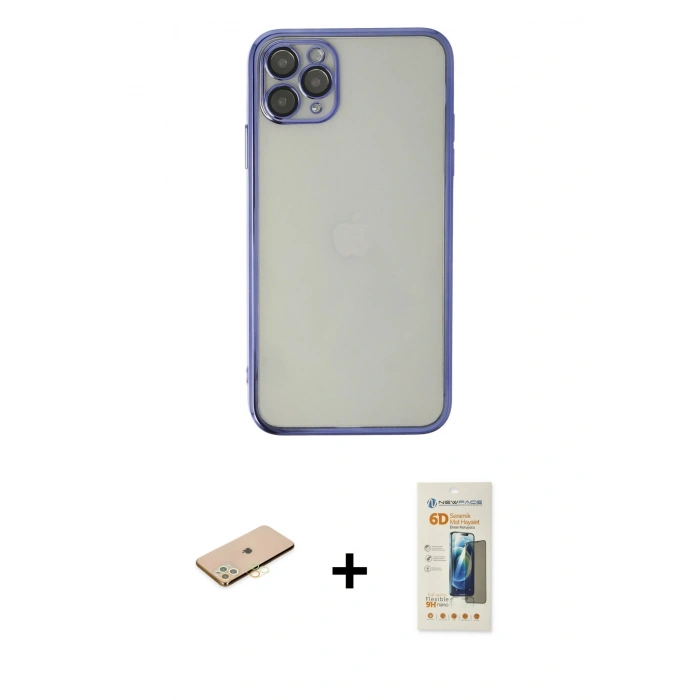 MARSİLYAN™- iPhone 11 Pro Kılıf Vadi Minimal - Siyah 6D Mat Seramik Hayalet Nano Ekran Koruyucu + Renkli Kamera Lens Koruma Cam - PE