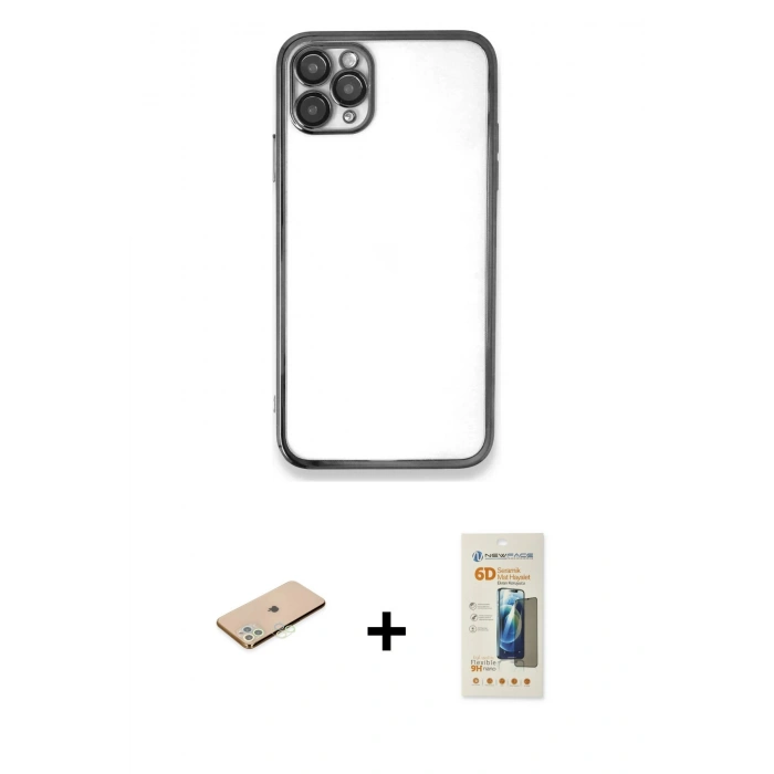 MARSİLYAN™- iPhone 11 Pro Kılıf Vadi Minimal - Siyah 6D Mat Seramik Hayalet Nano Ekran Koruyucu + Renkli Kamera Lens Koruma Cam - YL