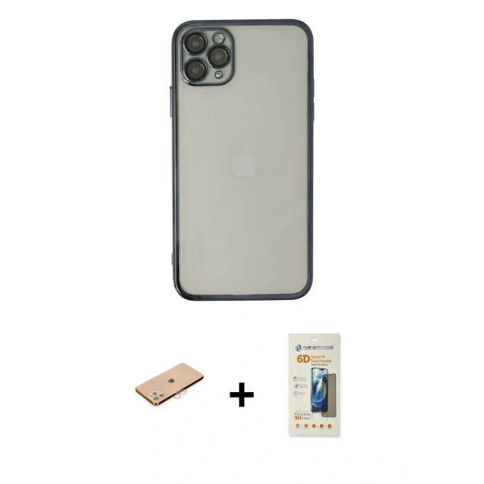MARSİLYAN™- iPhone 11 Pro Kılıf Vadi Minimal - Siyah 6D Mat Seramik Hayalet Nano Ekran Koruyucu + Turuncu Renkli Kamera Lens Koruma Cam