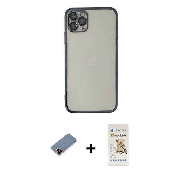MARSİLYAN™- iPhone 11 Pro Kılıf Vadi Minimal - Siyah Mat Seramik Nano Ekran Koruyucu + Metal Kamera Lens Koruma Cam - KI