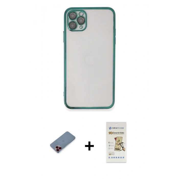 MARSİLYAN™- iPhone 11 Pro Kılıf Vadi Minimal - Siyah Mat Seramik Nano Ekran Koruyucu + Metal Kamera Lens Koruma Cam - KI