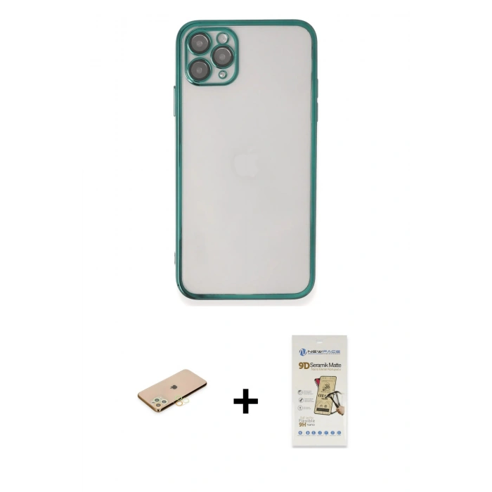 MARSİLYAN™- iPhone 11 Pro Kılıf Vadi Minimal - Siyah Mat Seramik Nano Ekran Koruyucu + Renkli Kamera Lens Koruma Cam - SI