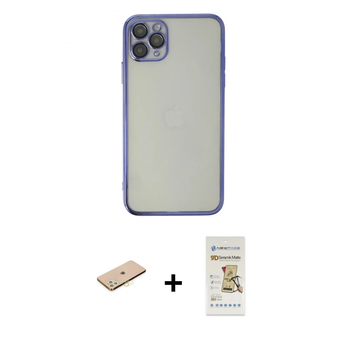 MARSİLYAN™- iPhone 11 Pro Kılıf Vadi Minimal - Siyah Mat Seramik Nano Ekran Koruyucu + Renkli Kamera Lens Koruma Cam - SI