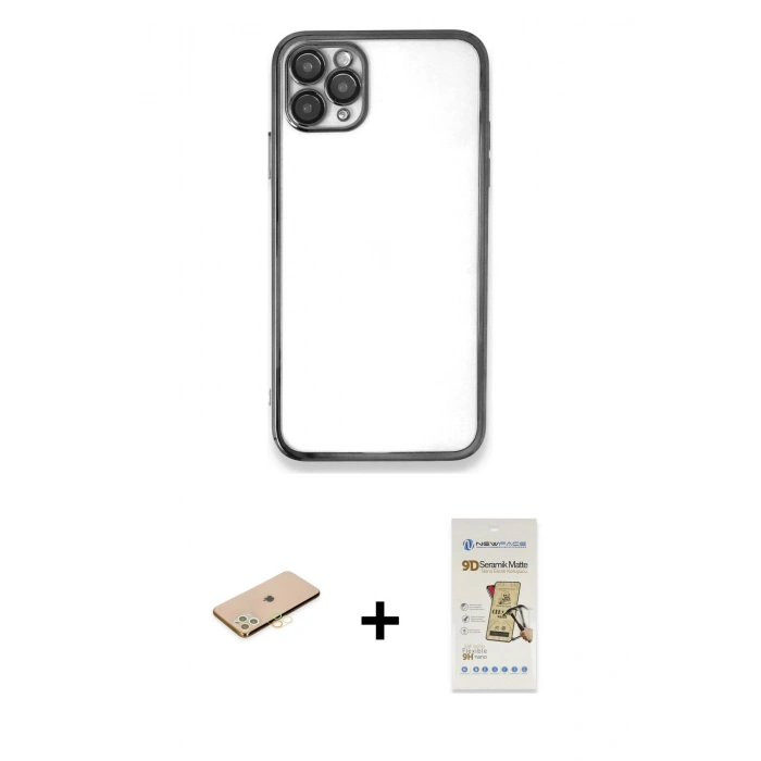 MARSİLYAN™- iPhone 11 Pro Kılıf Vadi Minimal - Siyah Mat Seramik Nano Ekran Koruyucu + Renkli Kamera Lens Koruma Cam - SI