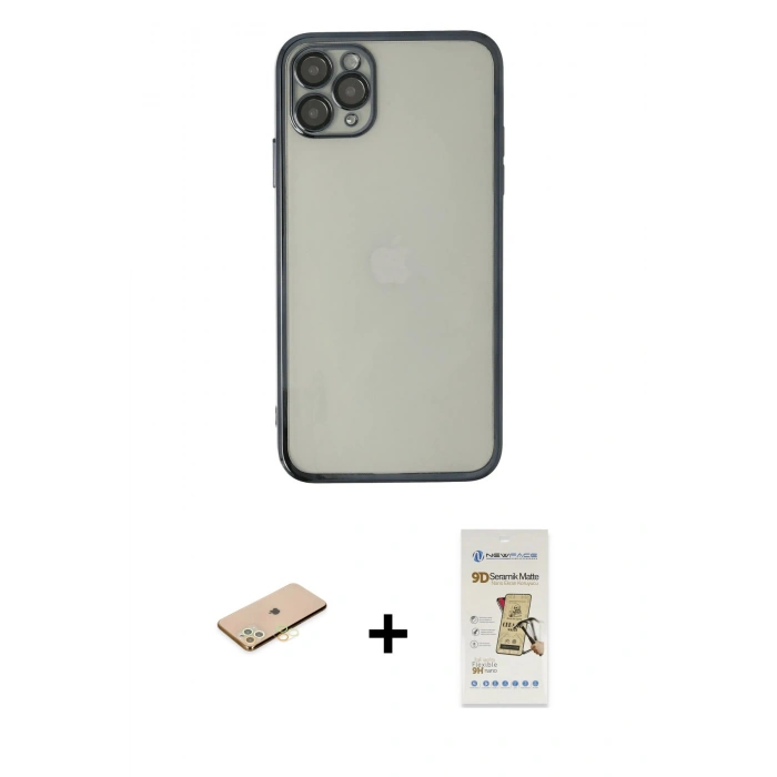 MARSİLYAN™- iPhone 11 Pro Kılıf Vadi Minimal - Siyah Mat Seramik Nano Ekran Koruyucu + Renkli Kamera Lens Koruma Cam - SI